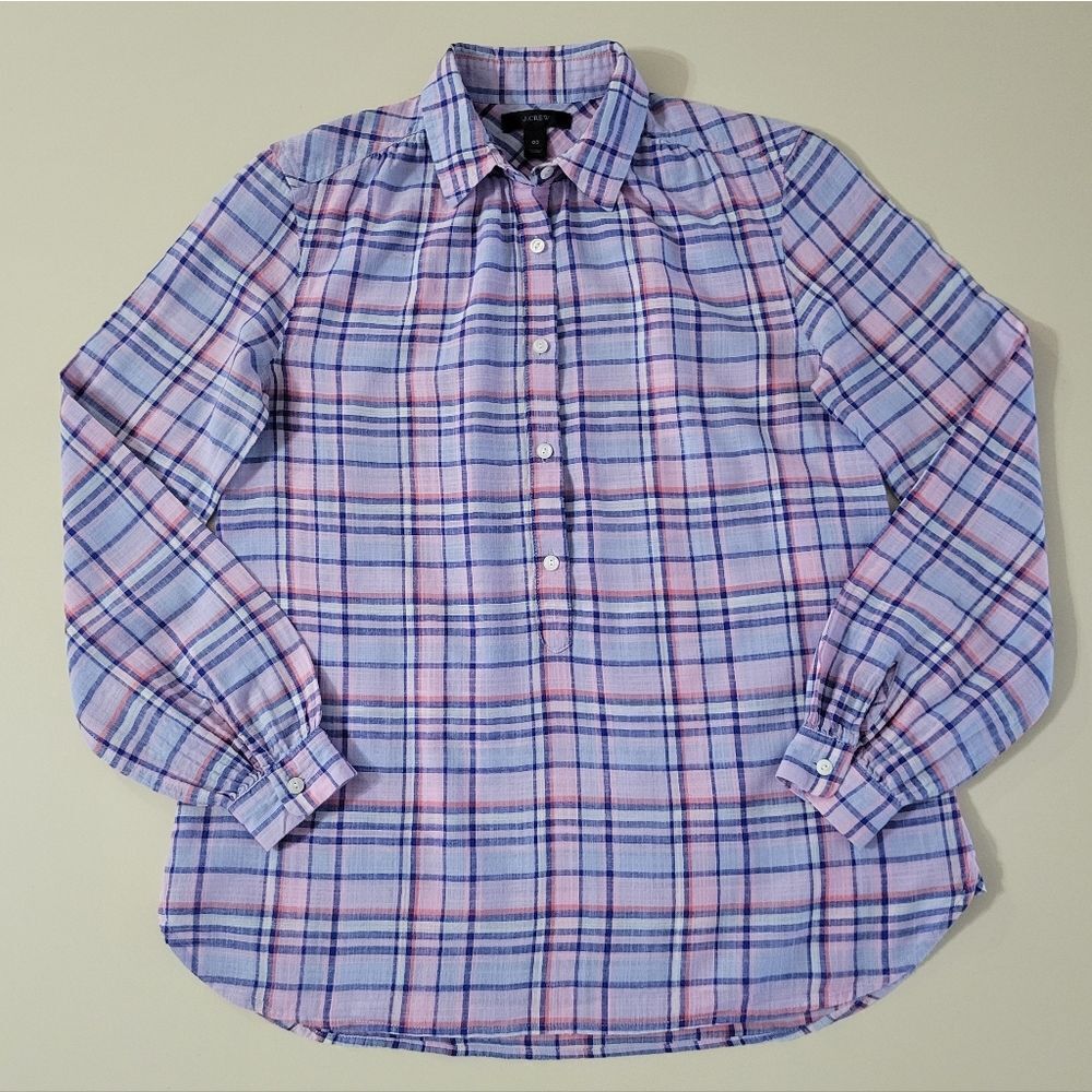 J. Crew Women's Gathered Henley Lilac Plaid Shirt - Picture 3 of 15